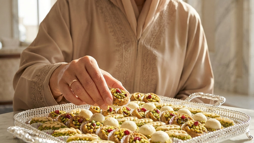Woman in beige hijab arranging cookies on a tray in a bright room.